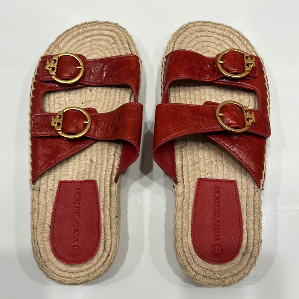 TORY BURCH Women Selby Two Band Leather Slide Espadrille Sandals - NEW NWOB